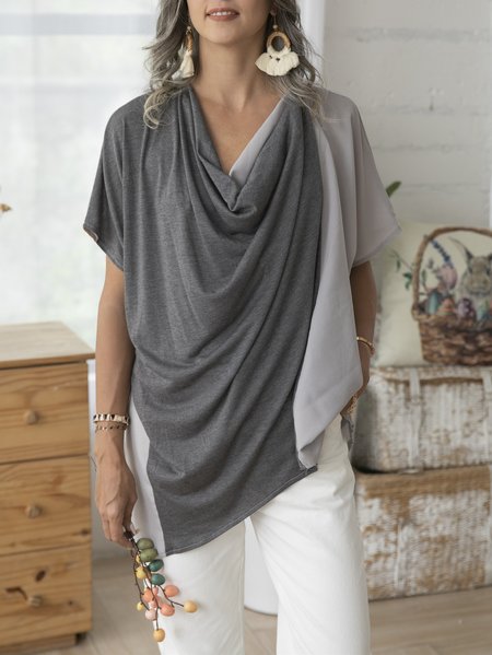 0895 Grey Plain Short Sleeve Shift Shirts & Tops, Tops