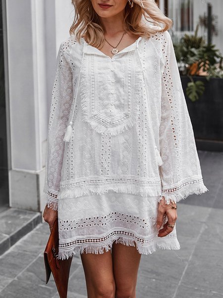 

Solid Long Sleeve Fringed Mini Dress, White, Mini Dresses