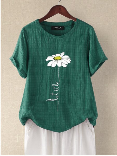 

T-Shirt Casuale Stampato Floreale di Cotone, Verde, Tops