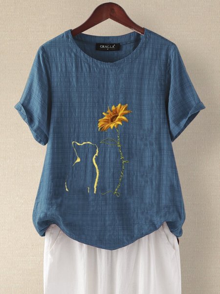 

Top a Girocollo Casuale Stampato Floreale, Blu marino, Tops