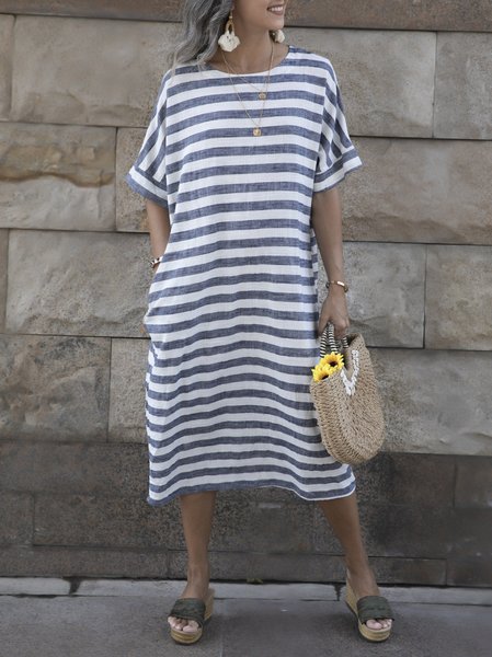 

White-Blue Stripes Romantic Linen Dresses, Dresses