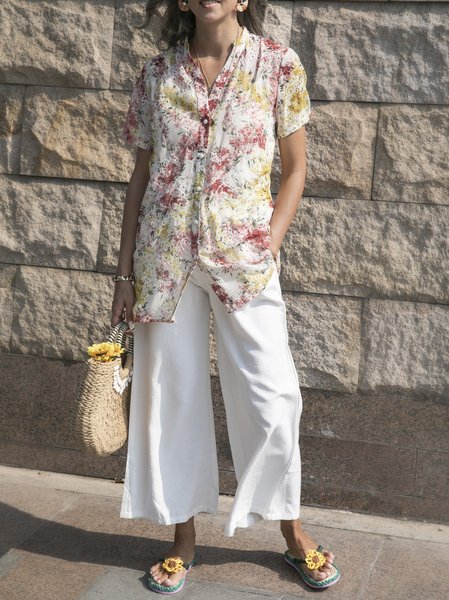 

White Holiday Floral Short Sleeve Embroidered Shirts & Tops, Tops