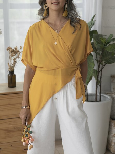 

Yellow Casual Plain Chiffon Lace-Up Shirts & Tops, Tops