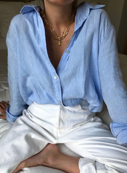 

Women Long Sleeve Buttoned Solid Casual Shirts, Blue, Blouses & Shirts