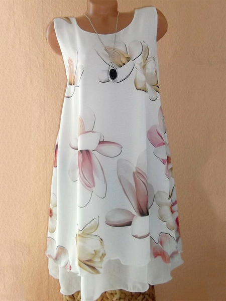 

Women Casual Daily Crew Neck Sleeveless Floral-Print Comfy Dress, White, Mini Dresses