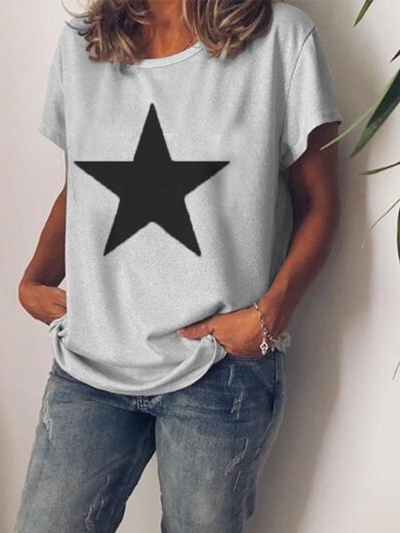 

Star Round Neck Short Sleeve Cotton-Blend Shirts & Tops, Light gray, Tops