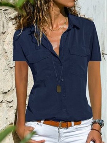 

Donna Estate Tasche Camicetta Casuale Maniche Corte Top, Navy blu, Shirt