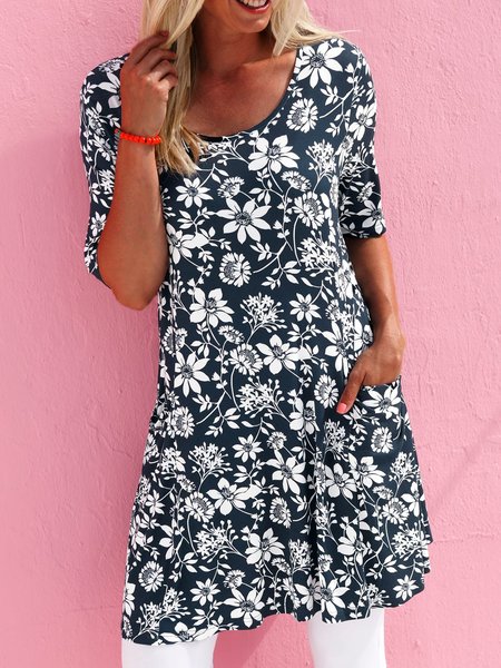 

Abito Bohemian Stampato con Tasche, Navy blu, Casual Dresses