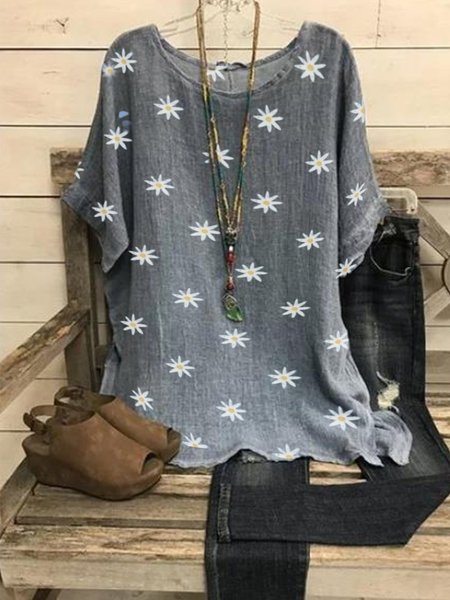 

Gray Round Neck Printed Casual Top for Women, T-shirts