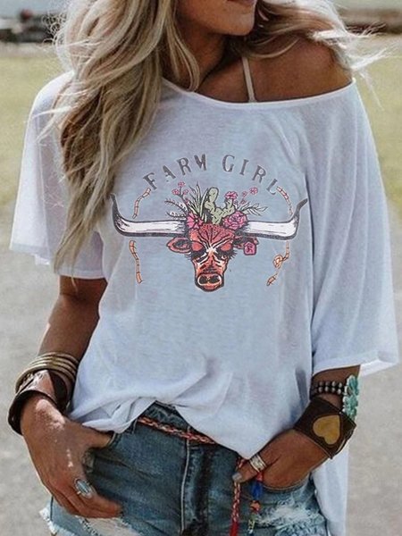

T-Shirt Vintage Bohemian Lettera Stampato Casuale, Bianco, Tops