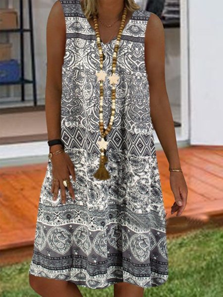 

Casual Sleeveless V Neck Printed Weaving Dress, Gray, Casual Dresses