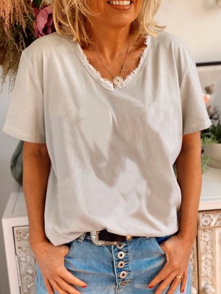 

T-Shirt Casuale Semplice con Scollo a V, Grigio chiaro, Tops