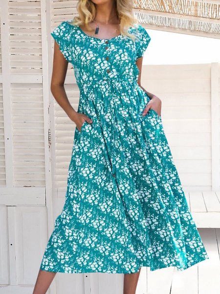 

Women Floral Caftan Pockets Summer Weaving Dress, Green, Floral Dresses