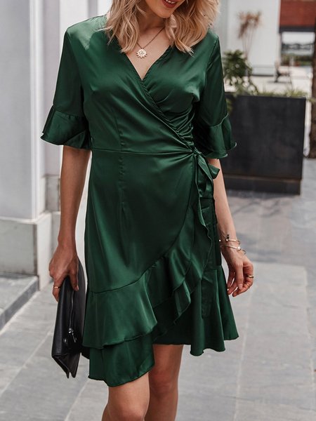 

Surplice Neck Green Asymmetrical Mini Dress, Mini Dresses