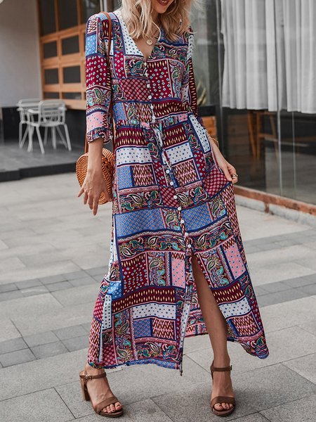 

V Neck 3/4Sleeve Boho Maxi Dress, Rose red, Maxi Dresses