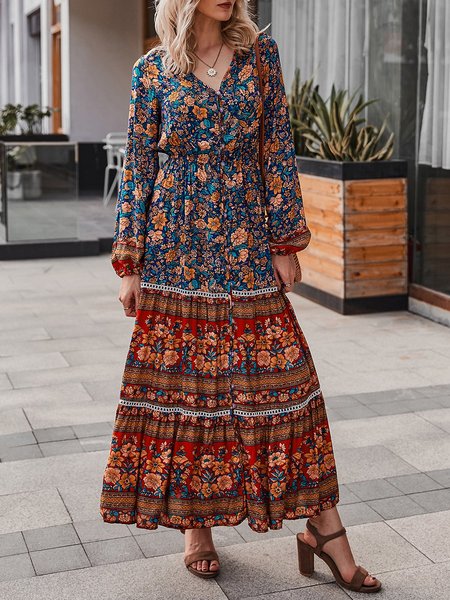 

V Neck Floral Boho Maxi Dress, Red, Maxi Dresses