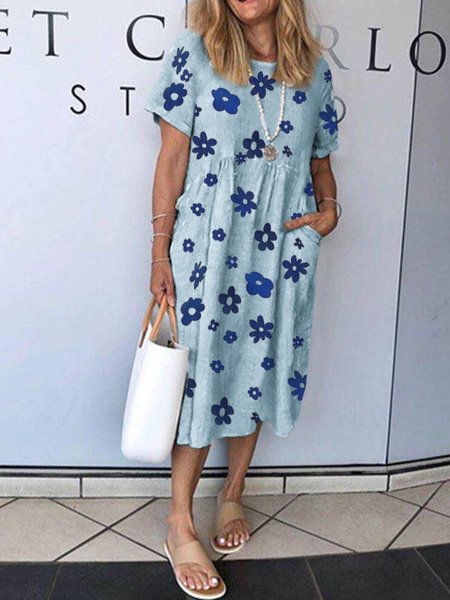 

Abito a Girocollo Stampato Floreale Casuale, Blu, Dresses