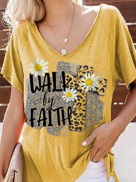 

Yellow Short Sleeve V Neck Printed T-shirt, Tops