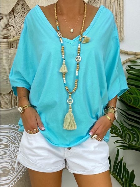 

Top con Scollo a V Casuale, Blu, Tops