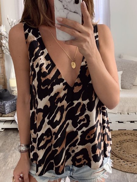 

Veste con Scollo a V Stampato Casuale, Leopardo, Tank Top