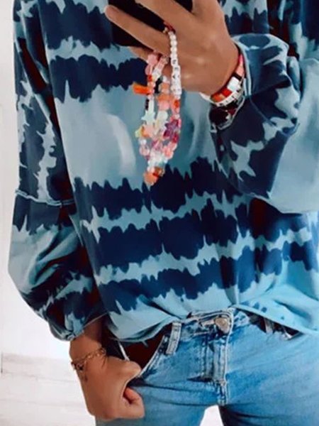 

Top a Girocollo Stampato Casuale di Cotone, Blu, Tops