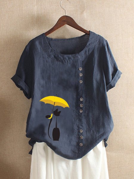 

T-Shirt a Girocollo Casuale, Blu marino, Tops