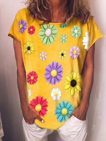 

Women Top O-Neck Cotton-Blend Casual Short Sleeve Top, Yellow, Tees & T-shirts