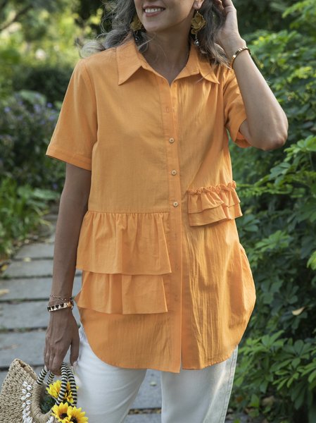 Orange Short Sleeve Plain Casual Cotton Shirts & Tops, Tops