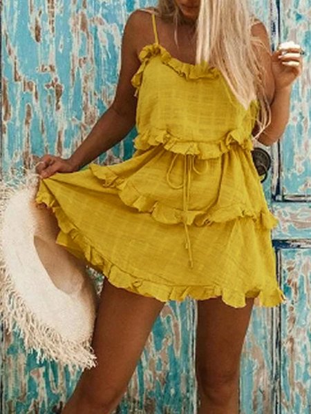 

Yellow Boho Flounce Linen Women Dress, Mini Dresses