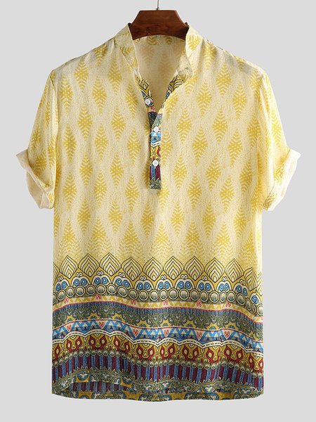 

Casual Summer Boho Tribal Printed Short Sleeve Men's Shirts & Tops, Yellow, Men's Top