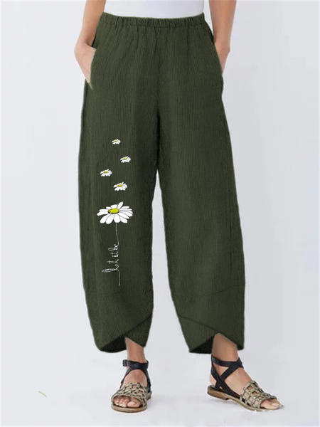 Floral Print Pockets Casual Pants