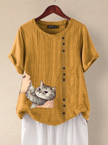 

Top Casuale Stampato Floreale di Cotone, Giallo, Tops