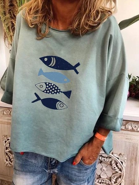 Blue Casual Round Neck Printed Fish T-shirt, Blouses & Shirts