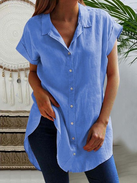 

Solid Summer Blouses Women Short Sleeve Shirts, Blue, Shirts & Blouses