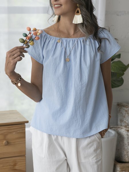 

Light Blue Shift Crew Neck Cotton Short Sleeve Tops, T-Shirts