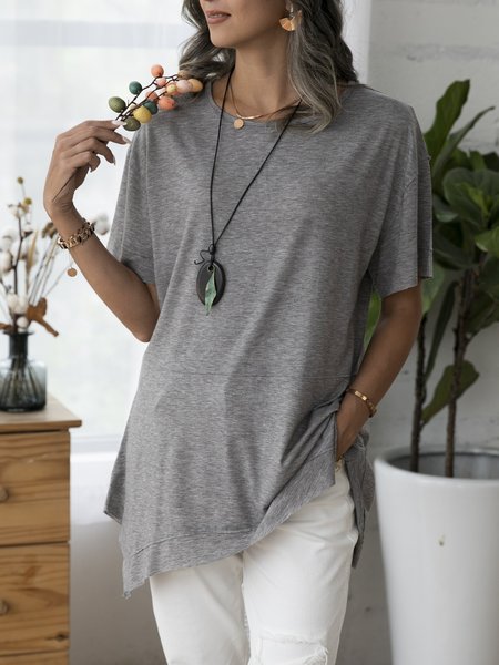 

Gray Solid Simple Cotton Crew Neck Shirts & Tops, Tops