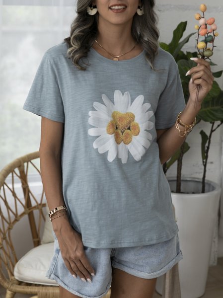 

Blue Gray Crew Neck Cotton Simple T-shirt, T-Shirts