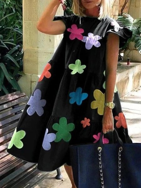 

Black Sweet Casual Holiday Floral Printed Short Sleeve A-line Dresses, Dresses