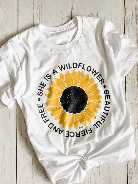 

Sunflower Print Letter Tee Short Sleeve White Summer T-shirt, Tops