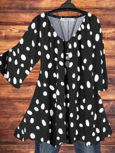 

Top a Pois Stampato con Scollo a V Casuale, Nero, Blouses & Shirts