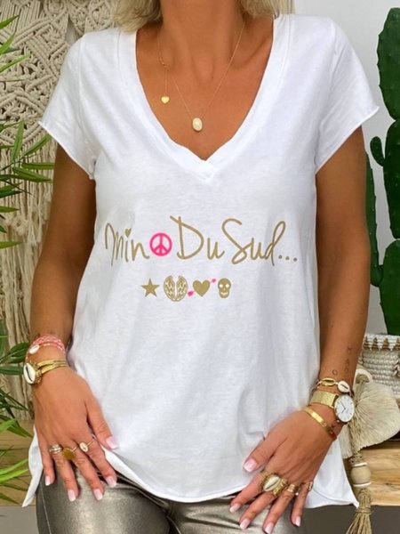 

T-Shirt con Scollo a V Stampato Casuale Lettera, Bianco, Tops