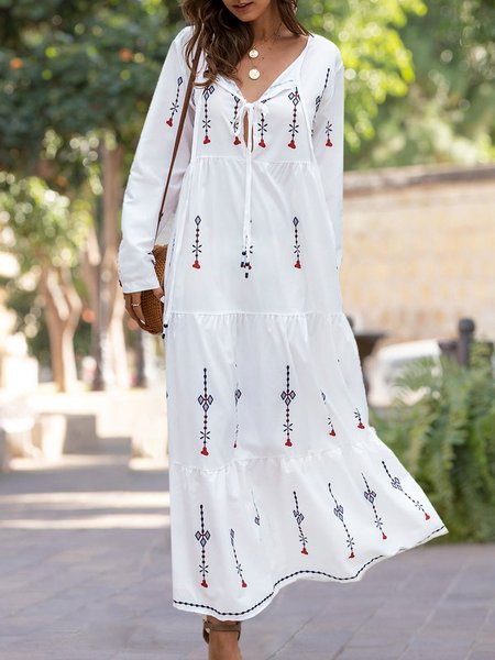 

Boho V Neck Holiday Maxi Dress, White, Maxi Dresses