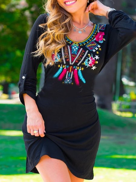 

Abito con Scollo a V Casuale Vintage Bohemian Geometrico Floreale, Nero, Casual Dresses