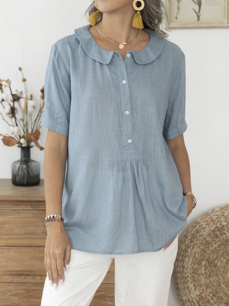 

Blue Gray Simple Shawl Collar Plain Short Sleeve Shirts & Tops, Tops