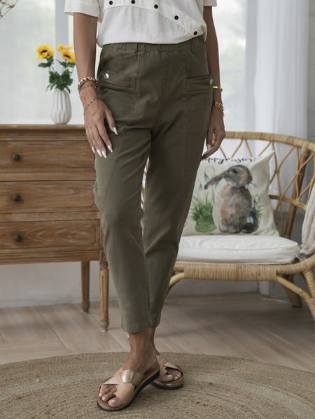 

Army Green Cotton Solid Casual Pants, Bottoms