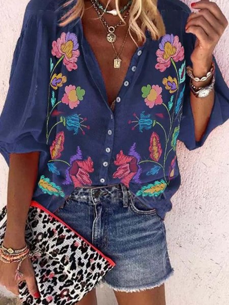

Women V-Neck Floral-Print Vintage Blouses, Blue, Shirts & Blouses