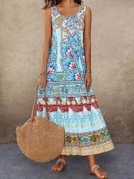 

Women Floral Vintage Summer Maxi Weaving Dress, Blue, Dresses