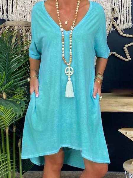 

Women Pockets High Low Hem Solid Casual Weaving Dress, Blue, Casual Dresses