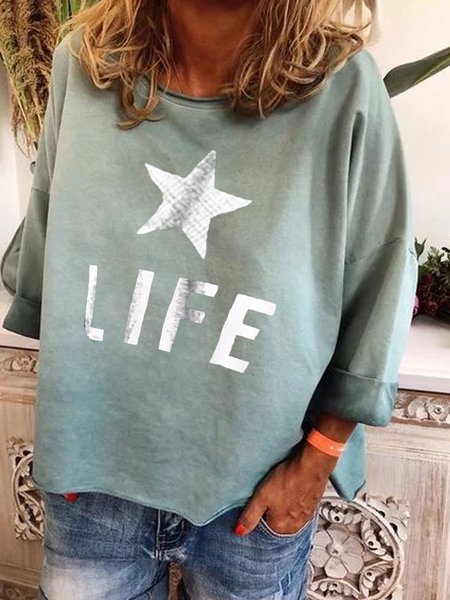 

Blue Round Neck Printed Casual Cotton Tops, Tops