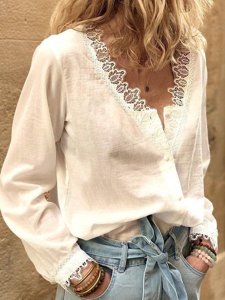 

Bianco Maniche Lunghe Scollo a V Top, Tops
